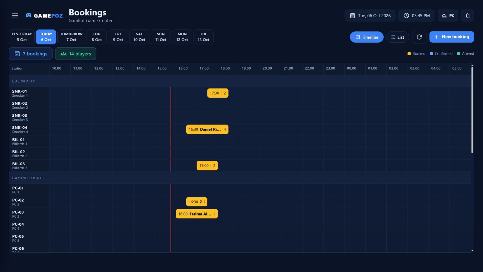 Original GAMEPOZ booking timeline showing reservations across tables and gaming stations with booked, confirmed and arrived status