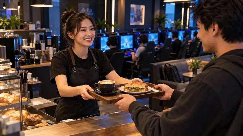 Coffee and a sandwich being served at a gaming café counter