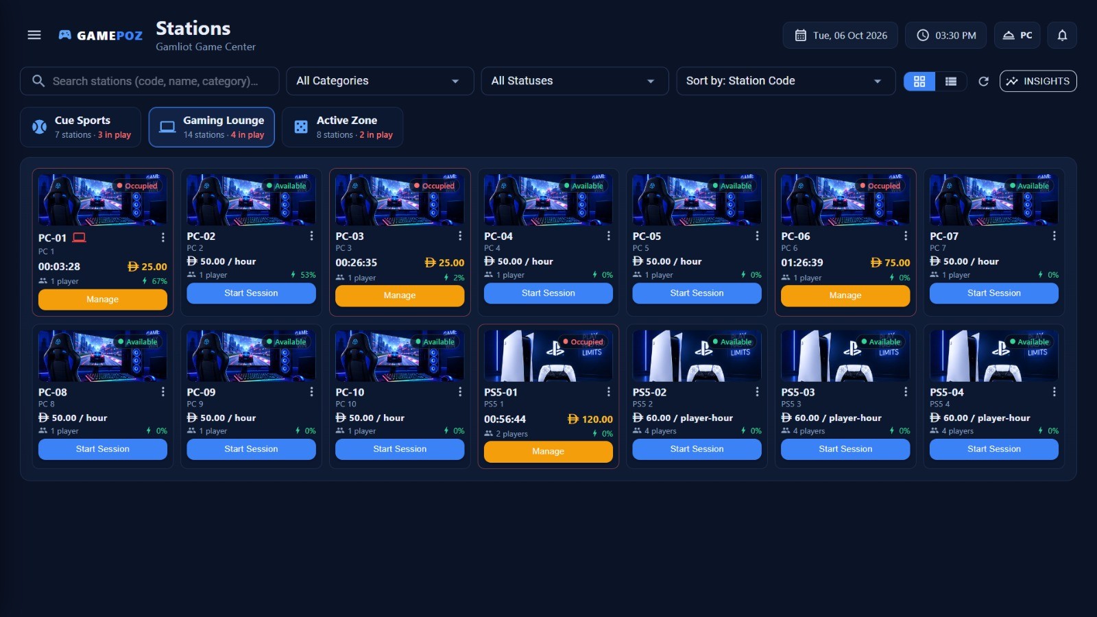 Original GAMEPOZ Gaming Lounge screen showing PC and PS5 stations with availability, hourly rates, timers and session controls