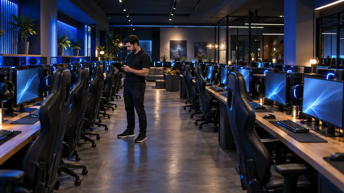 An employee checking a tablet on a gaming center floor