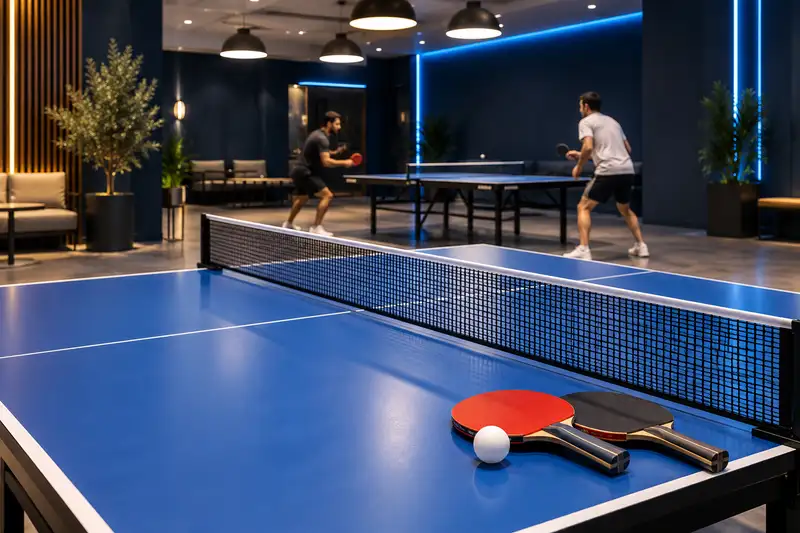 A blue table tennis table with a net and paddles in a well-lit indoor sports centre